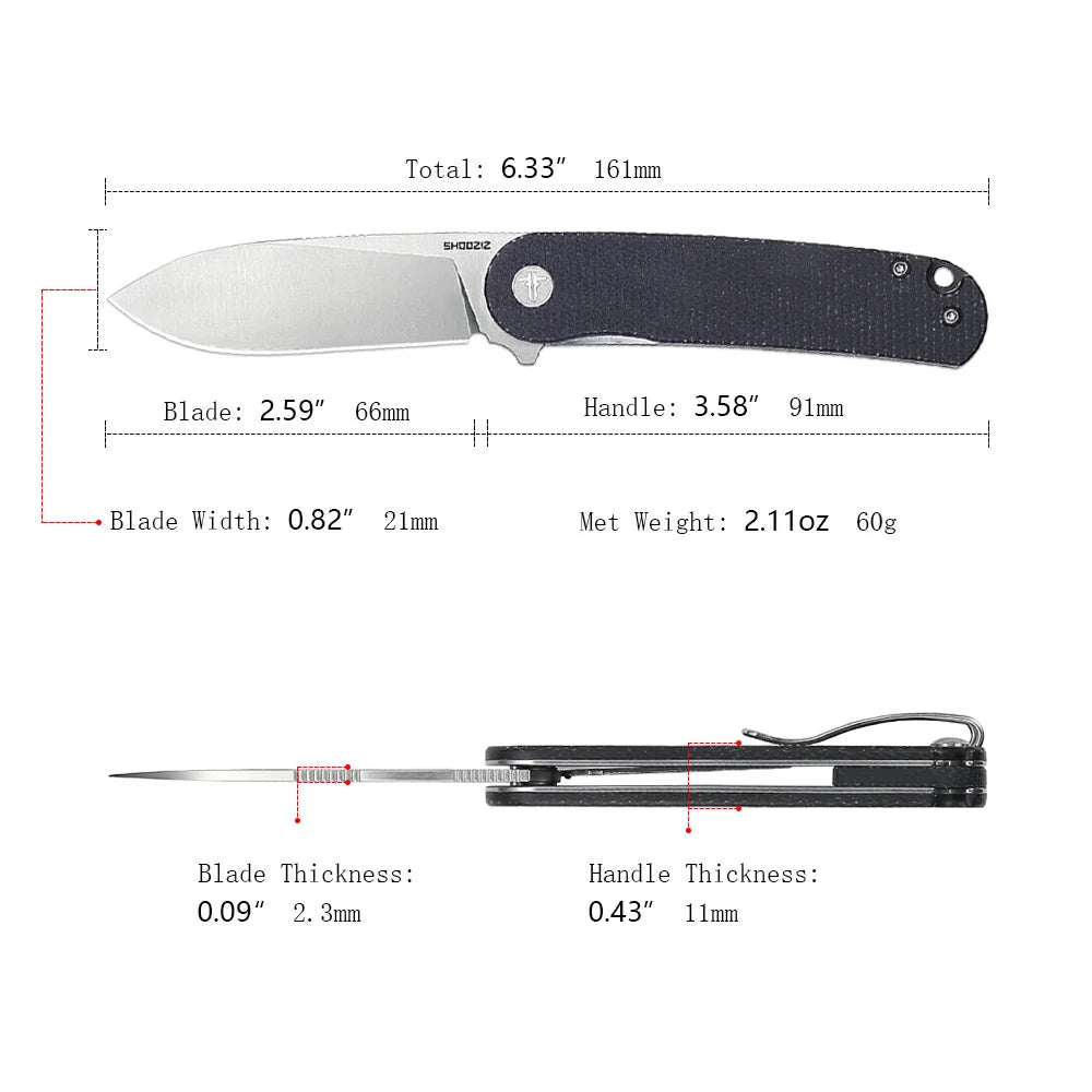 SHOOZIZ™ HAN309-BMS,Liner Lock,2.59"D2 Steel Satin Blade,Black Micarta Handle