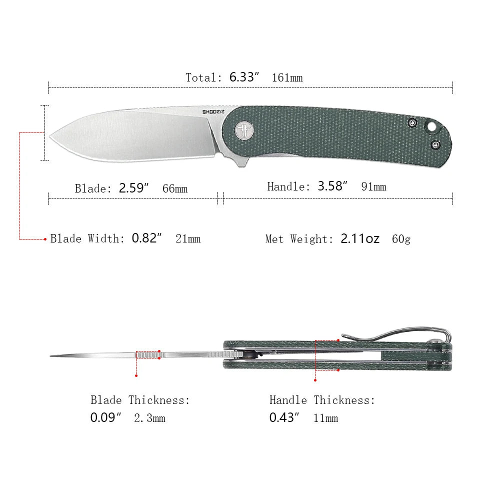 SHOOZIZ™ HAN309-GMS,Liner Lock,2.59"D2 Steel Satin Blade,Green Micarta Handle