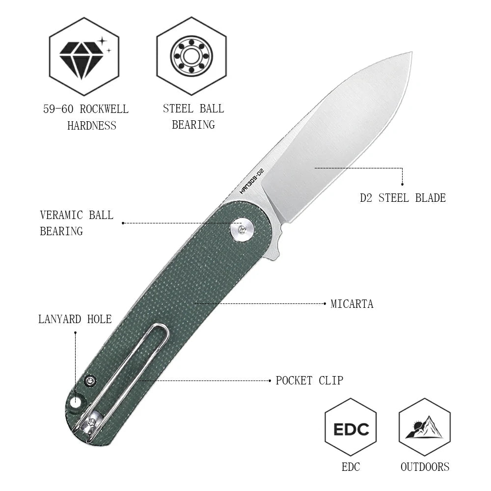 SHOOZIZ™ HAN309-GMS,Liner Lock,2.59"D2 Steel Satin Blade,Green Micarta Handle