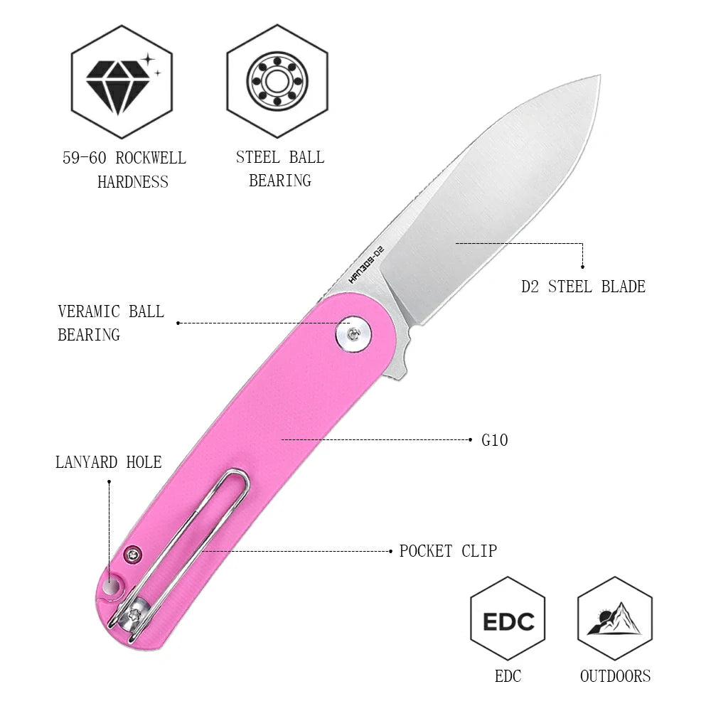 SHOOZIZ™ HAN309-PinkGS,Liner Lock,2.59"D2 Steel Satin Blade,pink G10 Handle