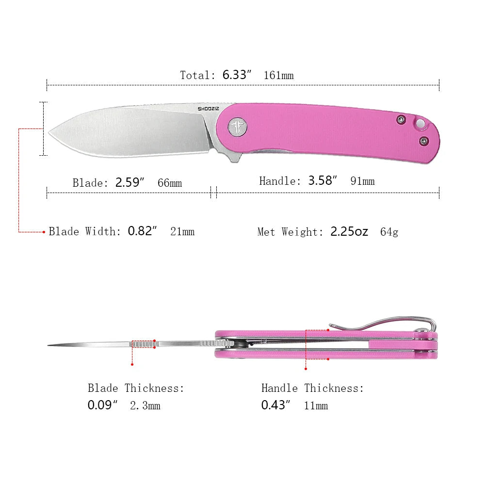 SHOOZIZ™ HAN309-PinkGS,Liner Lock,2.59"D2 Steel Satin Blade,pink G10 Handle