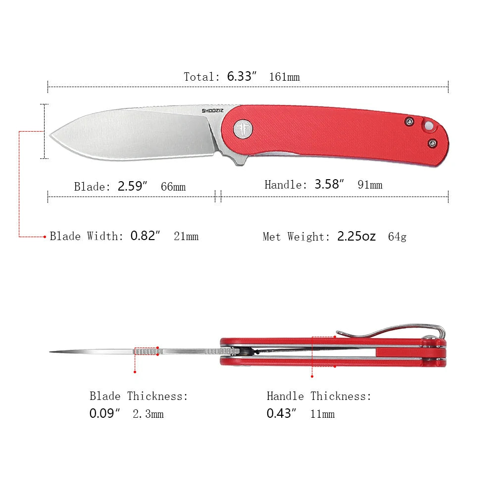 SHOOZIZ™ HAN309-RGS,Liner Lock,2.59"D2 Steel Satin Blade,Red G10 Handle