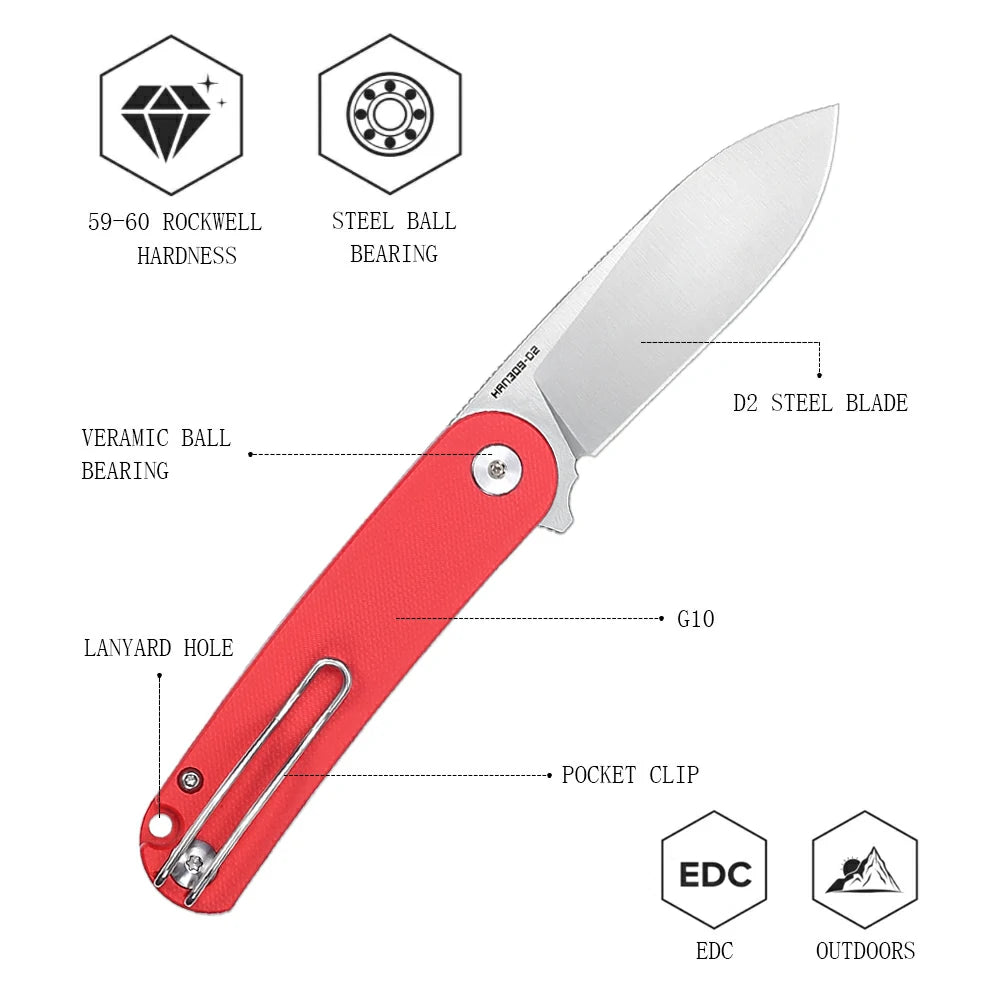 SHOOZIZ™ HAN309-RGS,Liner Lock,2.59"D2 Steel Satin Blade,Red G10 Handle