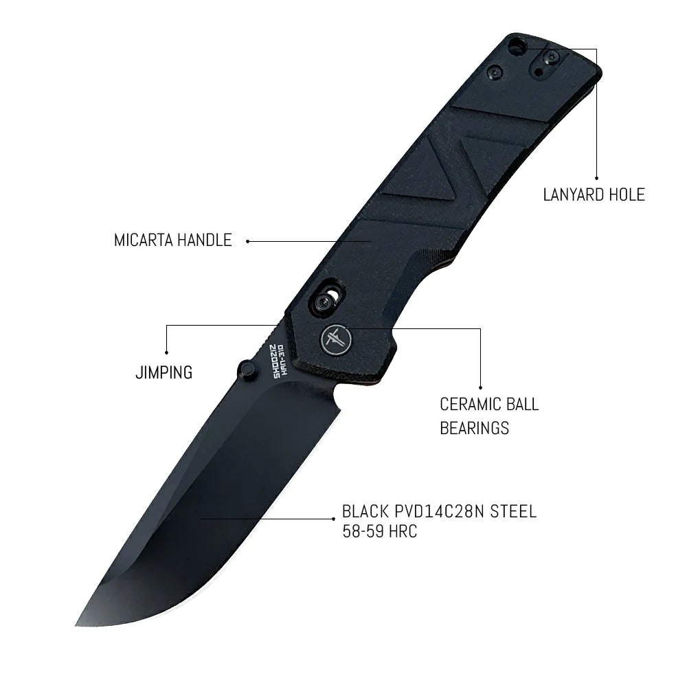 SHOOZIZ™ HAN310-BMB,Axis Lock,3.94"14C28N Steel Black PVD Blade,Black Micarta Handle