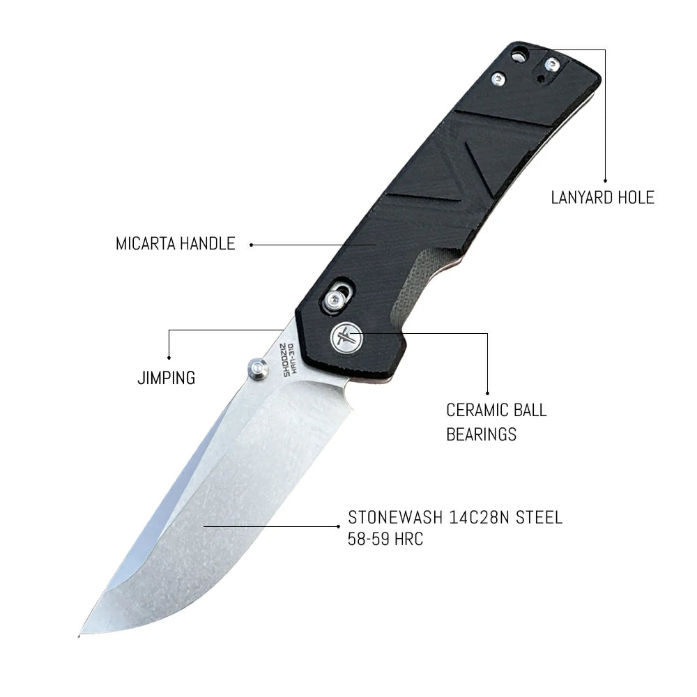 SHOOZIZ™ HAN310-BMST,Axis Lock,3.94"14C28N Steel Stonewash Blade,Black Micarta Handle