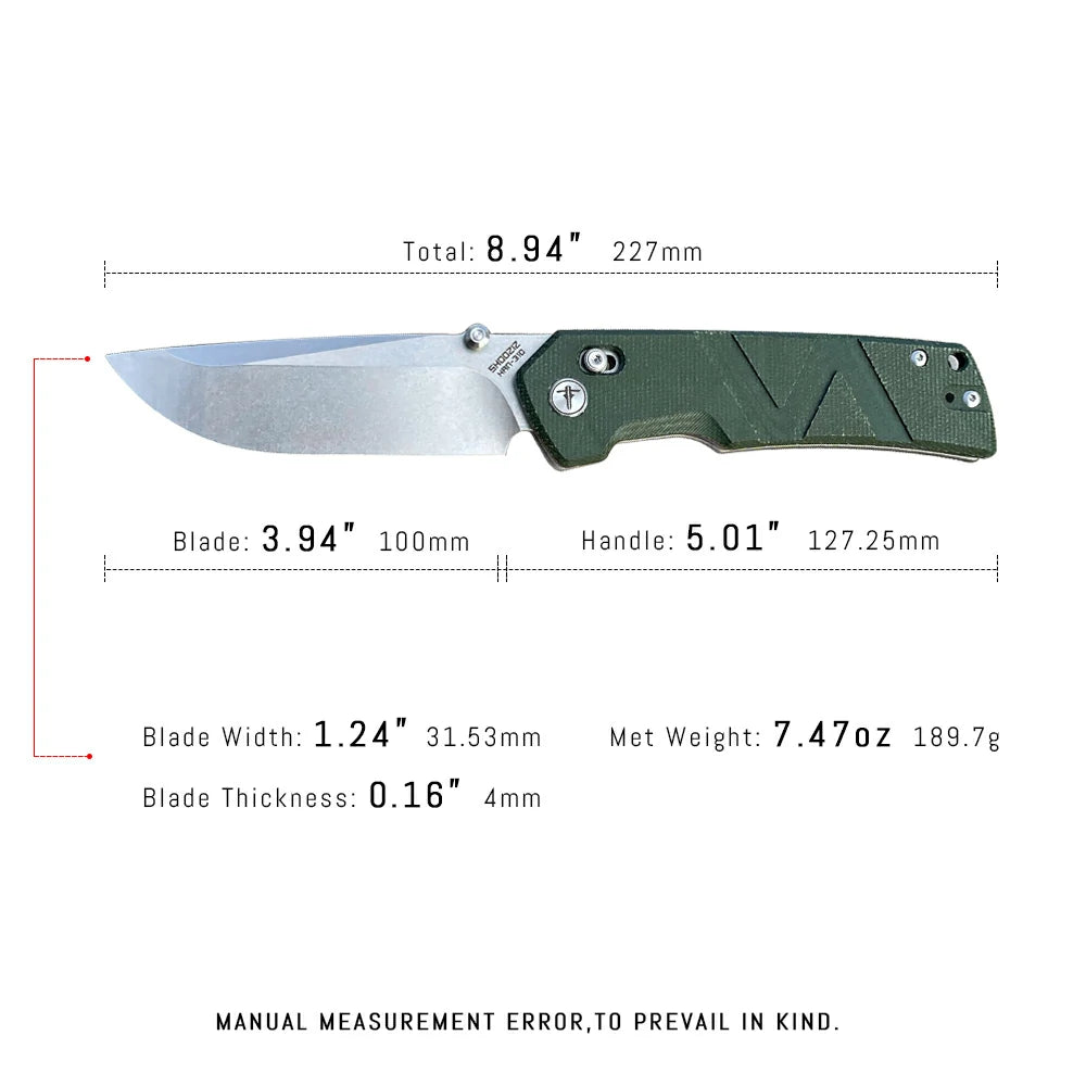 SHOOZIZ™ HAN310-GMST,Axis Lock,3.94"14C28N Steel Stonewash Blade,Green Micarta Handle