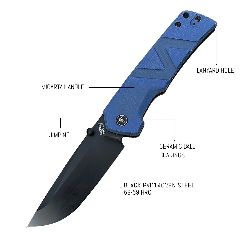 SHOOZIZ™ HAN310-LMB,Axis Lock,3.94"14C28N Steel Black PVD Blade,Blue Micarta Handle