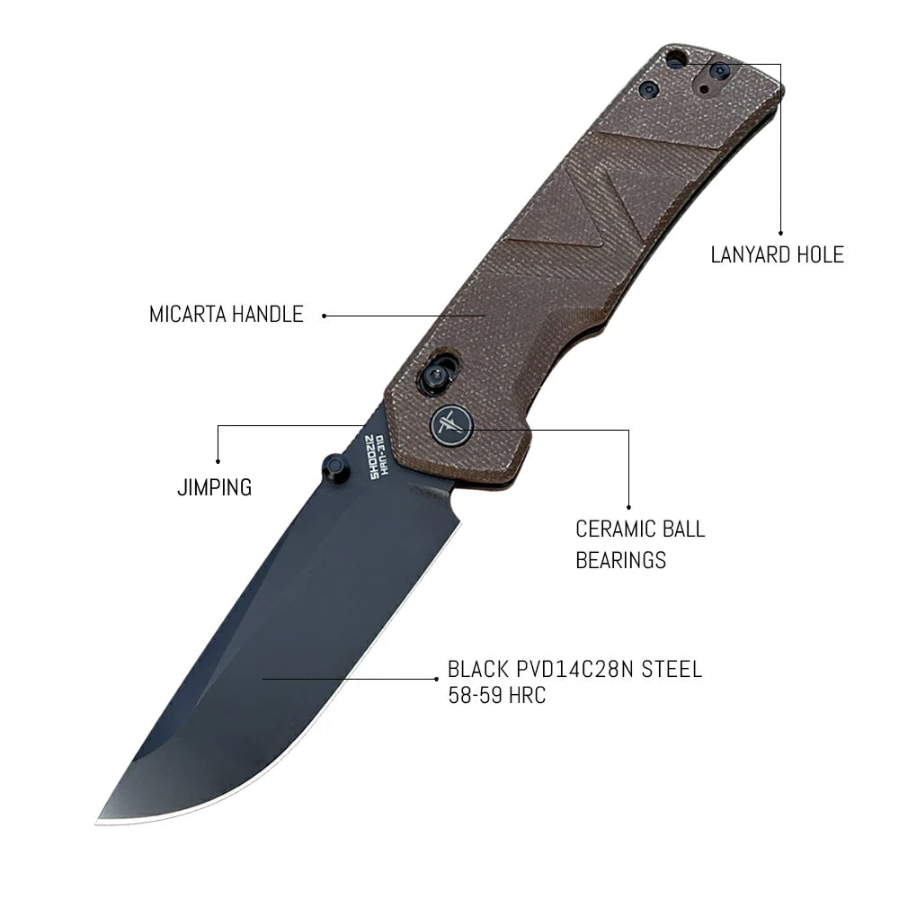 SHOOZIZ™ HAN310-bMB,Axis Lock,3.94"14C28N Steel Black PVD Blade,Brown Micarta Handle