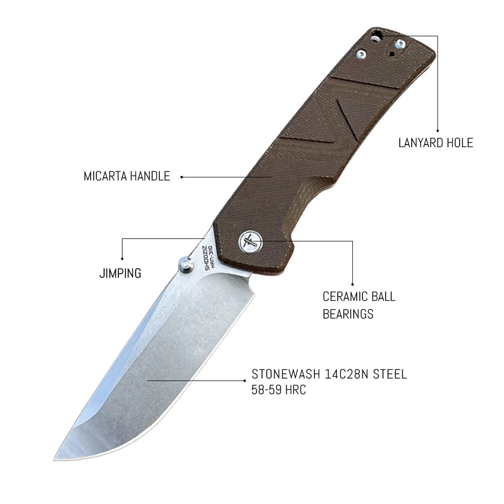 SHOOZIZ™ HAN310-bMST,Axis Lock,3.94"14C28N Steel Stonewash Blade,Brown Micarta Handle
