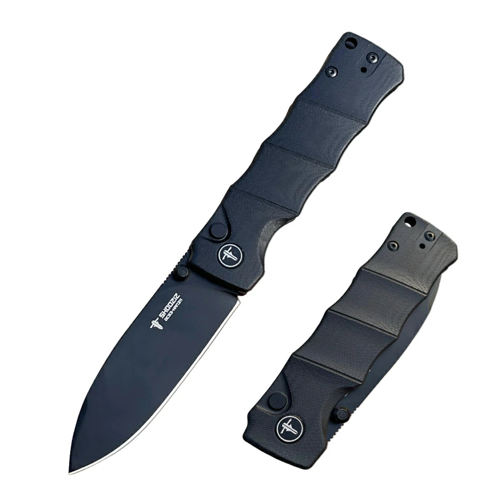 SHOOZIZ™ HAN311-BGB,Button Lock,3.51"DC53 Steel Black PVD Blade,Black G10 Handle