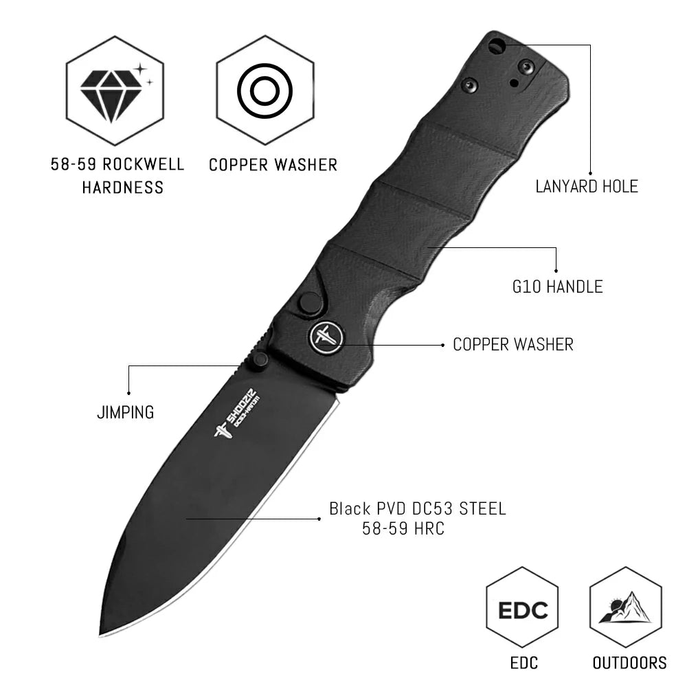 SHOOZIZ™ HAN311-BGB,Button Lock,3.51"DC53 Steel Black PVD Blade,Black G10 Handle