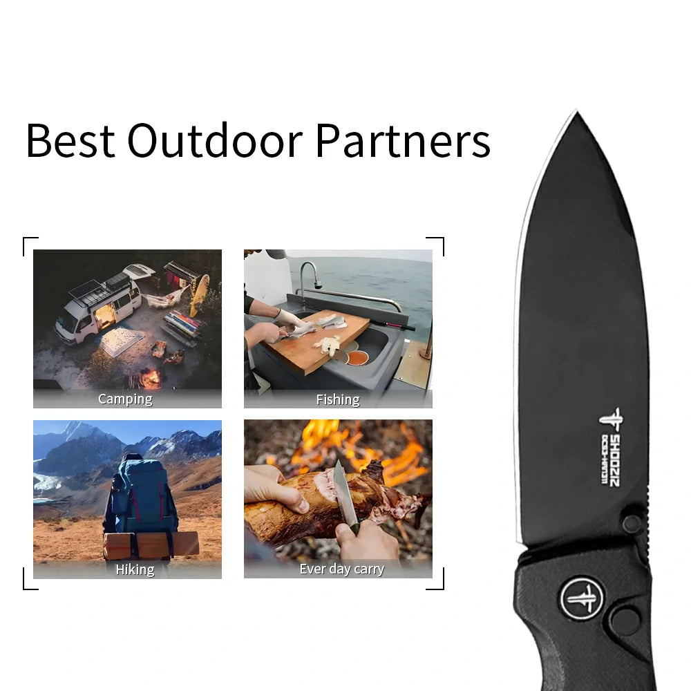 SHOOZIZ™ HAN311-BGB,Button Lock,3.51"DC53 Steel Black PVD Blade,Black G10 Handle