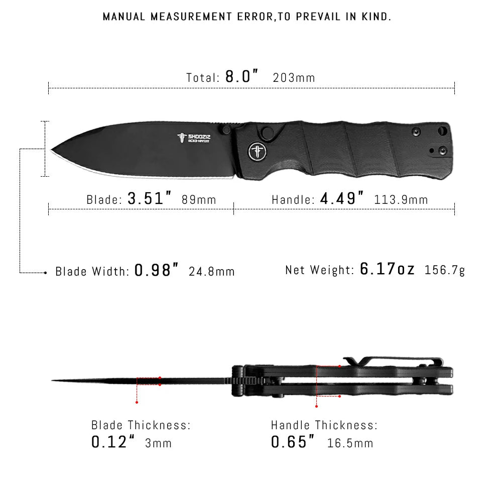 SHOOZIZ™ HAN311-BGB,Button Lock,3.51"DC53 Steel Black PVD Blade,Black G10 Handle