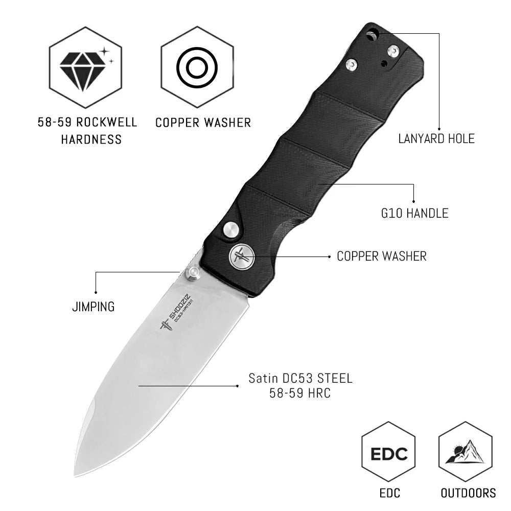 SHOOZIZ™ HAN311-BGS,Button Lock,3.51"DC53 Steel Satin Blade,Black G10 Handle