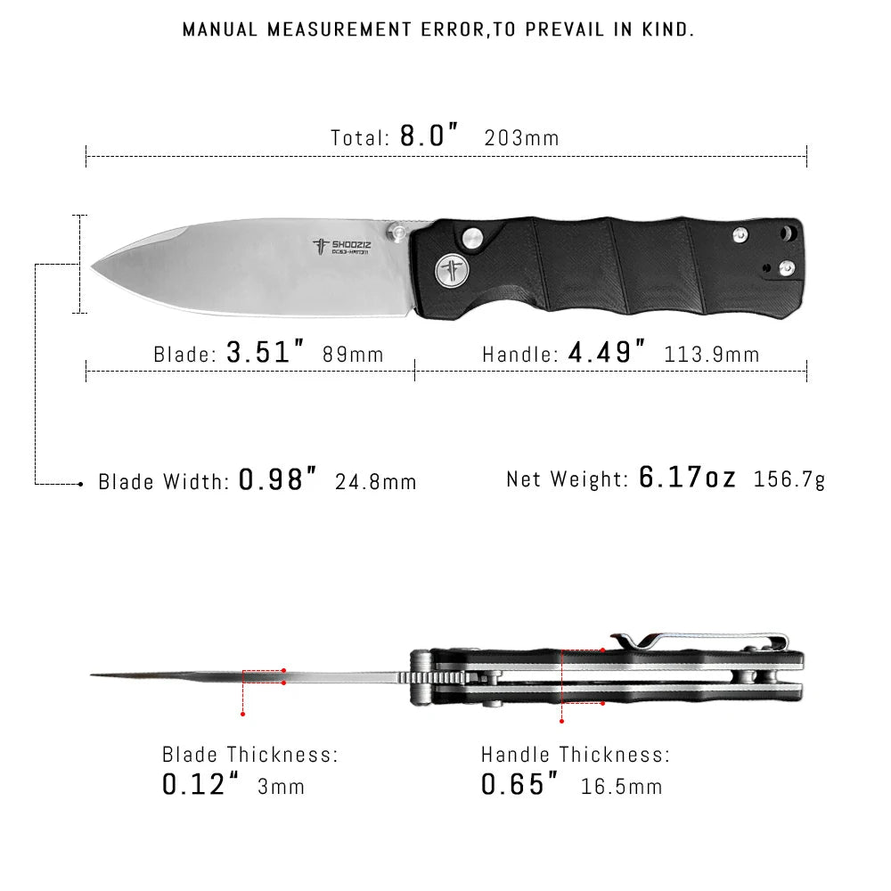 SHOOZIZ™ HAN311-BGS,Button Lock,3.51"DC53 Steel Satin Blade,Black G10 Handle