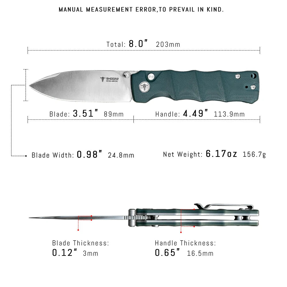 SHOOZIZ™ HAN311-GGS,Button Lock,3.51"DC53 Steel Satin Blade,Green G10 Handle