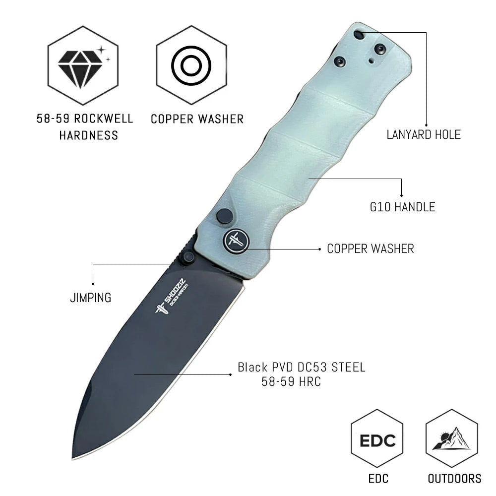 SHOOZIZ™ HAN311-JGB,Button Lock,3.51"DC53 Steel Black PVD Blade,Jade G10 Handle