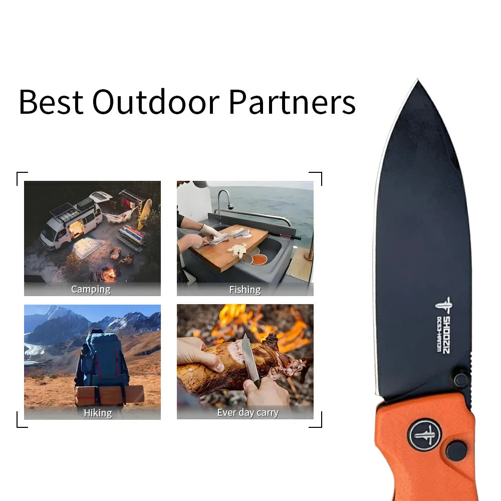 SHOOZIZ™ HAN311-OGB,Button Lock,3.51"DC53 Steel Black PVD Blade,Orange G10 Handle