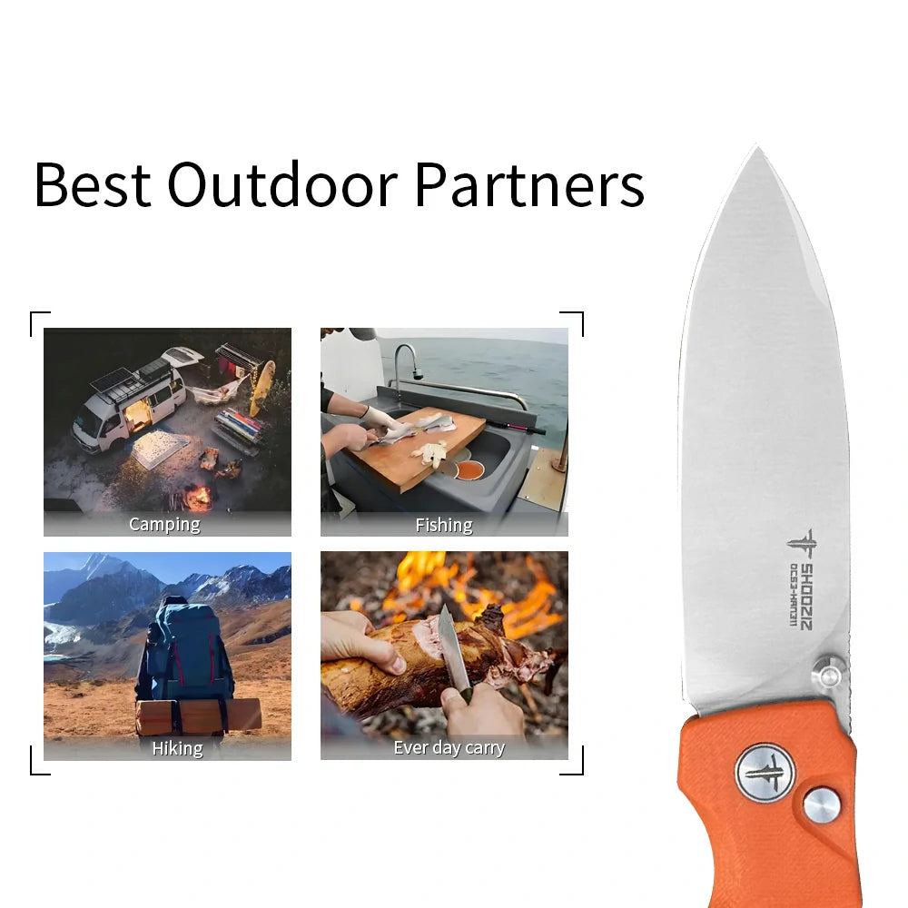 SHOOZIZ™ HAN311-OGS,Button Lock,3.51"DC53 Steel Satin Blade,Orange G10 Handle
