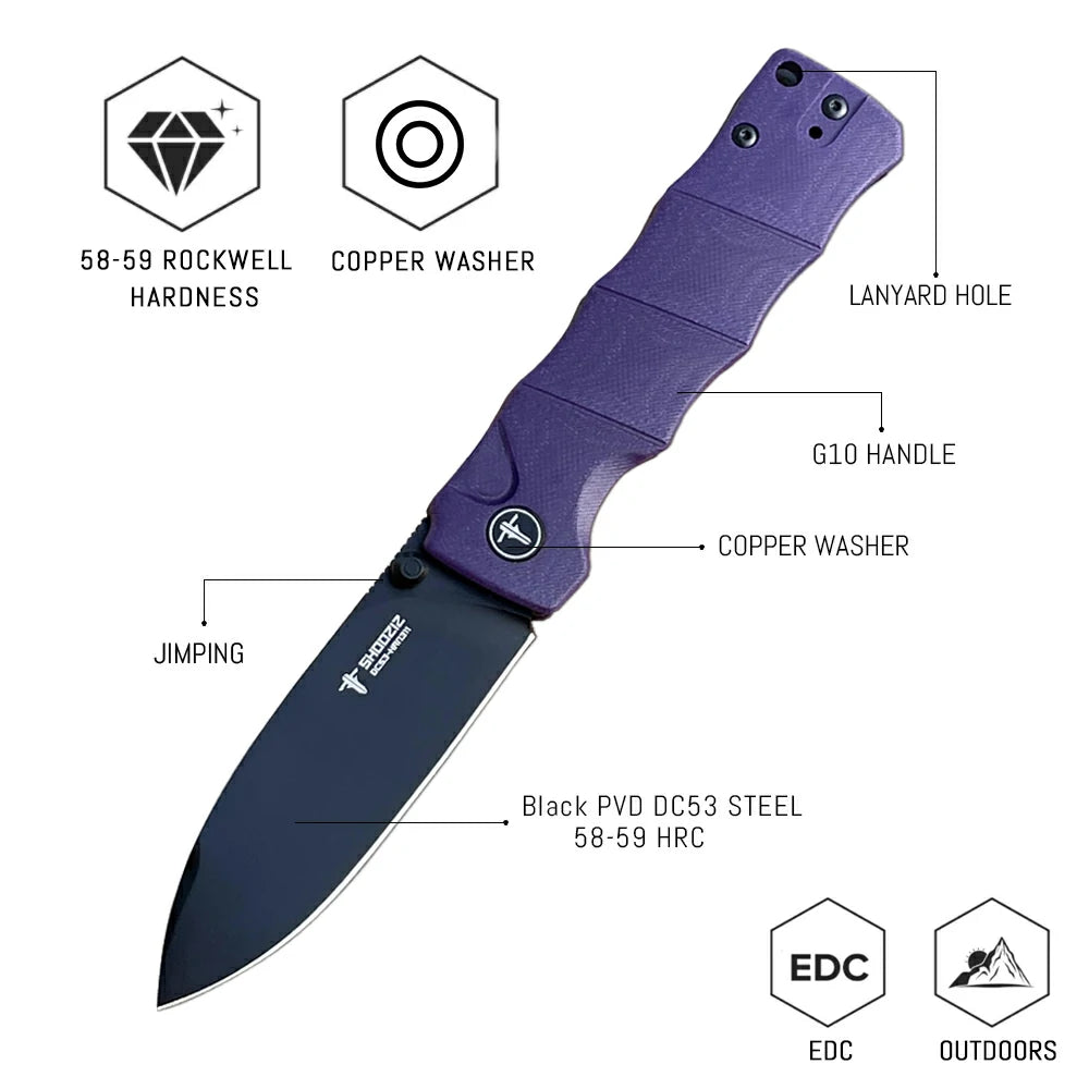 SHOOZIZ™ HAN311-PGB,Button Lock,3.51"DC53 Steel Black PVD Blade,Purple G10 Handle