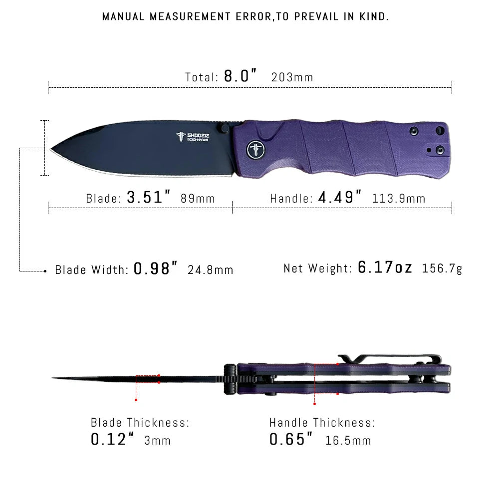 SHOOZIZ™ HAN311-PGB,Button Lock,3.51"DC53 Steel Black PVD Blade,Purple G10 Handle