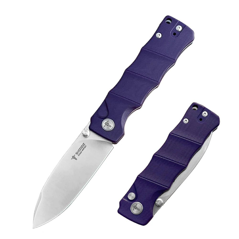 SHOOZIZ™ HAN311-PGS,Button Lock,3.51"DC53 Steel Satin Blade,Purple G10 Handle