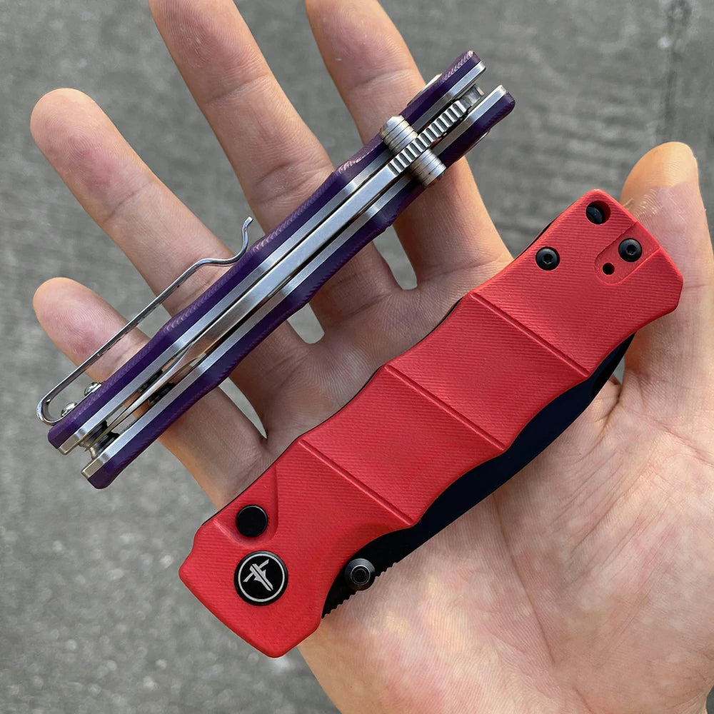 SHOOZIZ™ HAN311-PGS,Button Lock,3.51"DC53 Steel Satin Blade,Purple G10 Handle