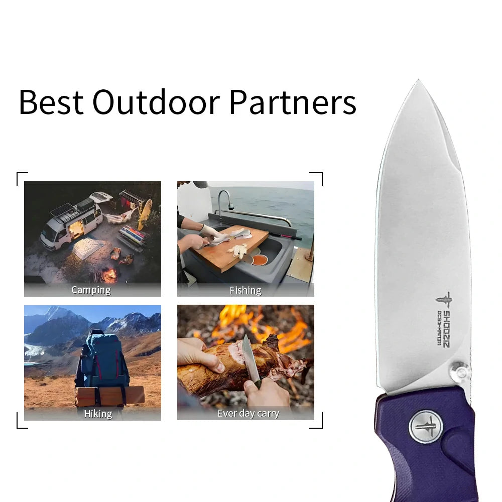 SHOOZIZ™ HAN311-PGS,Button Lock,3.51"DC53 Steel Satin Blade,Purple G10 Handle