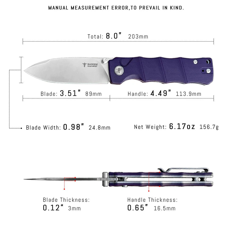 SHOOZIZ™ HAN311-PGS,Button Lock,3.51"DC53 Steel Satin Blade,Purple G10 Handle