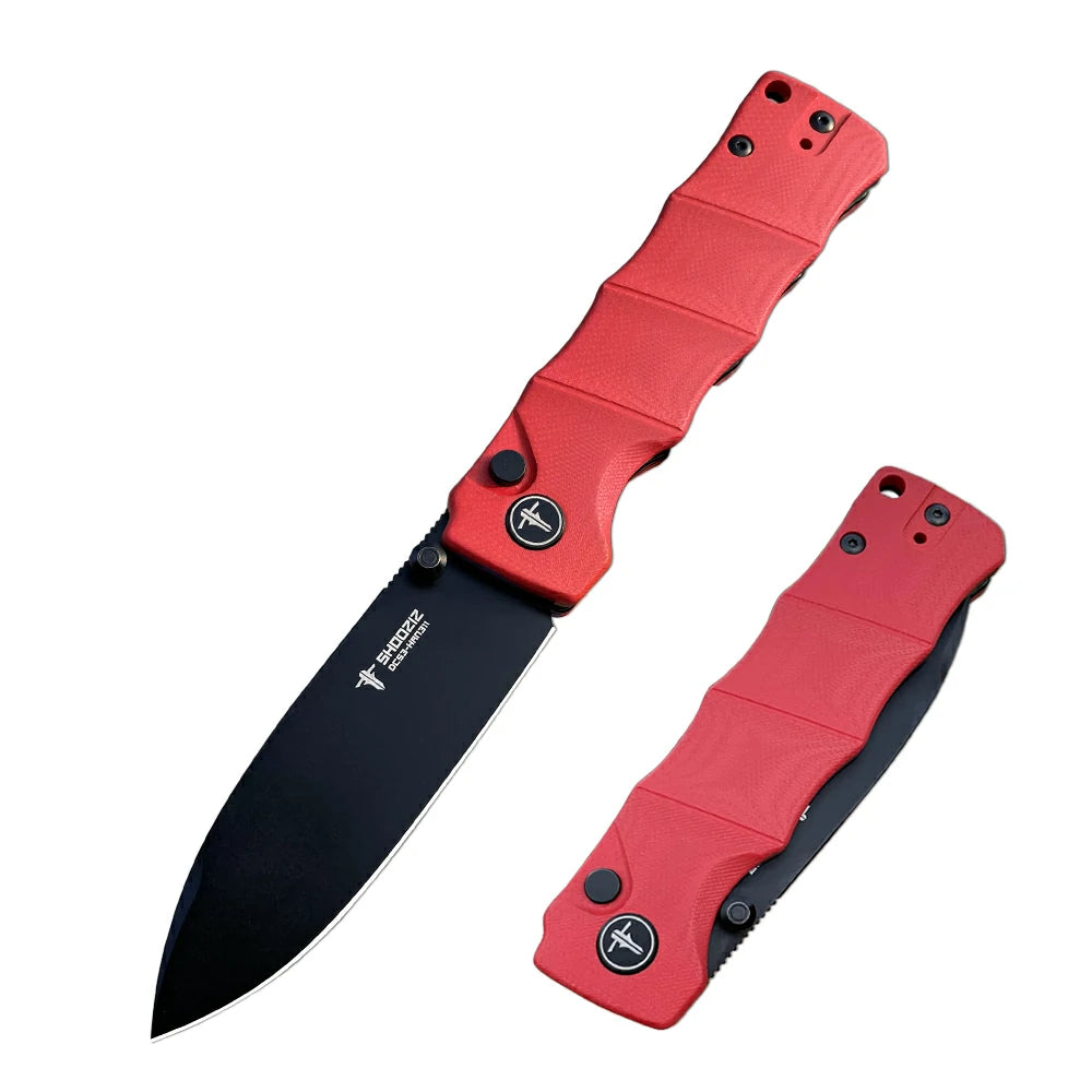 SHOOZIZ™ HAN311-RGB,Button Lock,3.51"DC53 Steel Black PVD Blade,Red G10 Handle