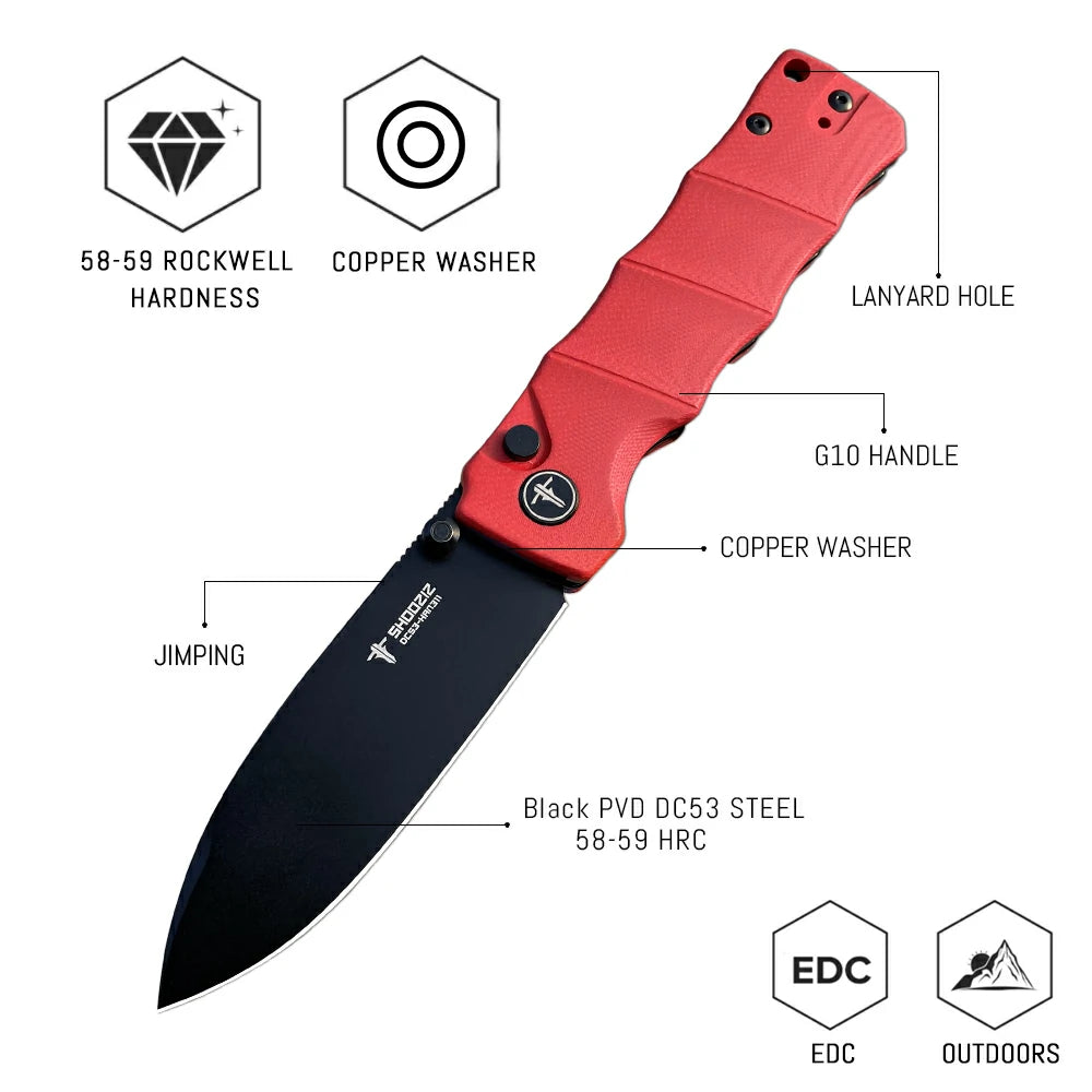 SHOOZIZ™ HAN311-RGB,Button Lock,3.51"DC53 Steel Black PVD Blade,Red G10 Handle