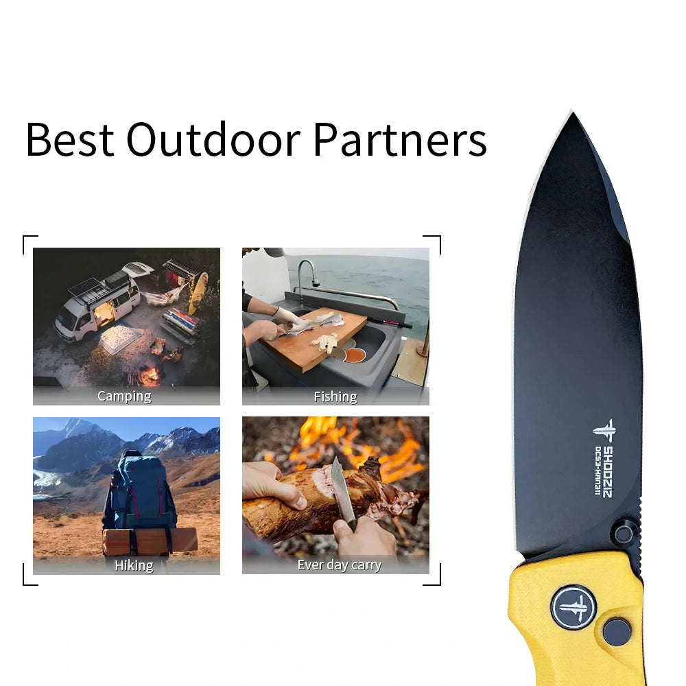 SHOOZIZ™ HAN311-YGB,Button Lock,3.51"DC53 Steel Black PVD Blade,Yellow G10 Handle