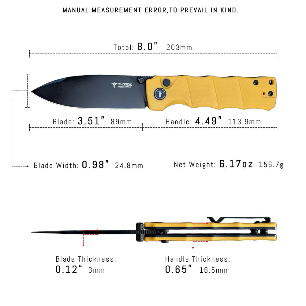 SHOOZIZ™ HAN311-YGB,Button Lock,3.51"DC53 Steel Black PVD Blade,Yellow G10 Handle