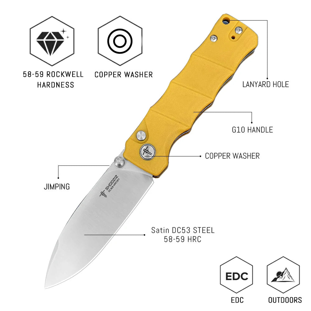 SHOOZIZ™ HAN311-YGS,Button Lock,3.51"DC53 Steel Satin Blade,Yellow G10 Handle