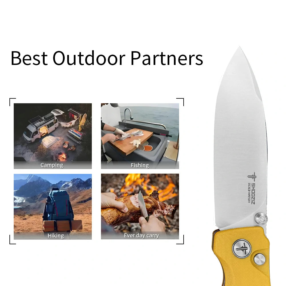 SHOOZIZ™ HAN311-YGS,Button Lock,3.51"DC53 Steel Satin Blade,Yellow G10 Handle