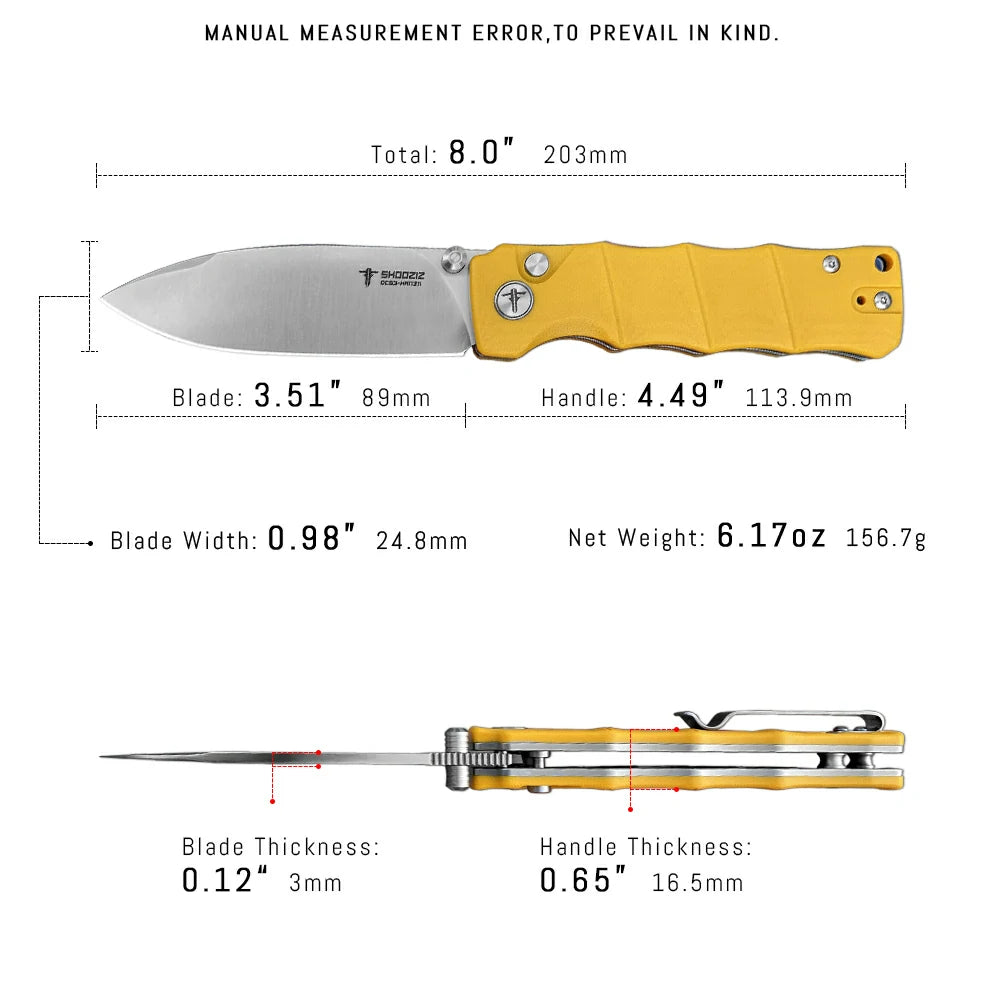 SHOOZIZ™ HAN311-YGS,Button Lock,3.51"DC53 Steel Satin Blade,Yellow G10 Handle
