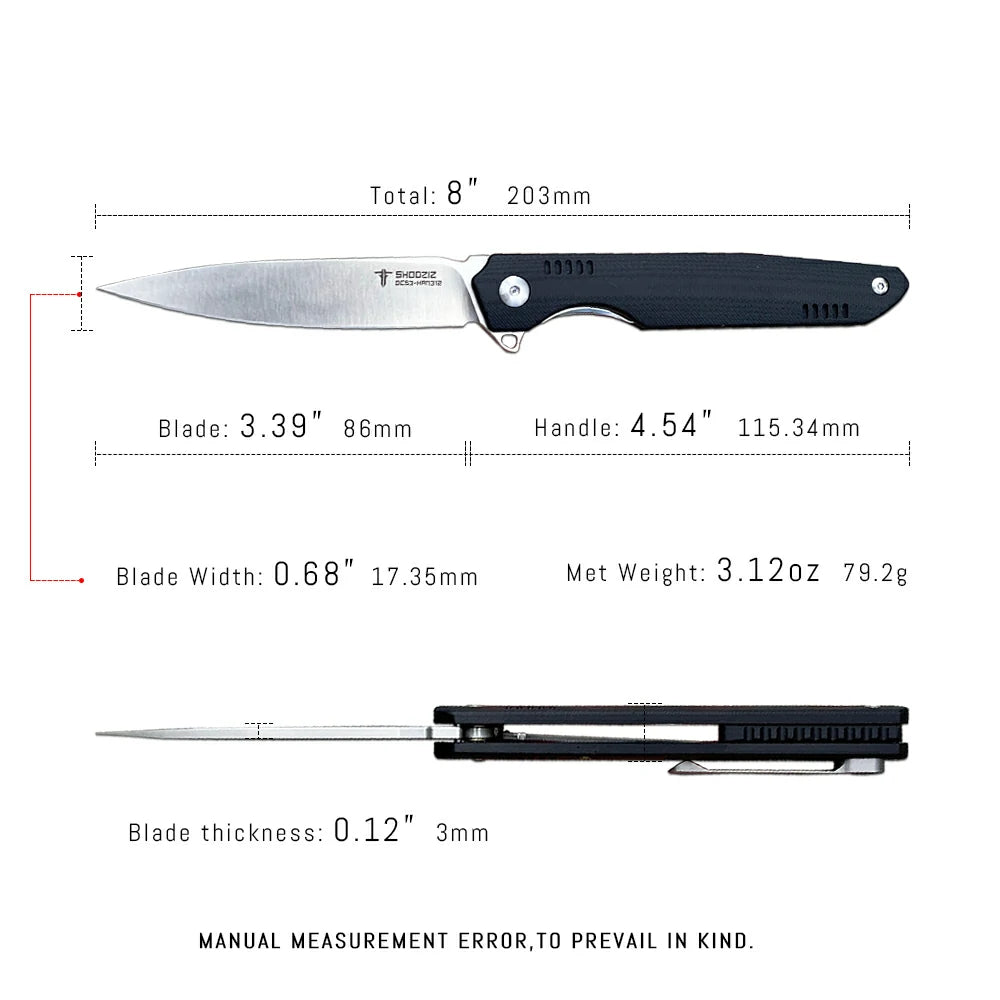 SHOOZIZ™ HAN312-BGS,Liner Lock,3.39"DC53 Steel Satin Blade,Black G10 Handle