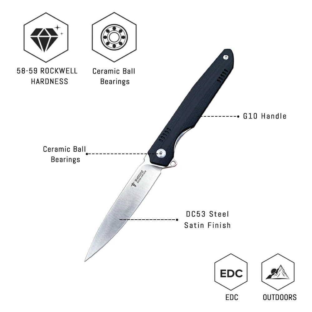 SHOOZIZ™ HAN312-BGS,Liner Lock,3.39"DC53 Steel Satin Blade,Black G10 Handle