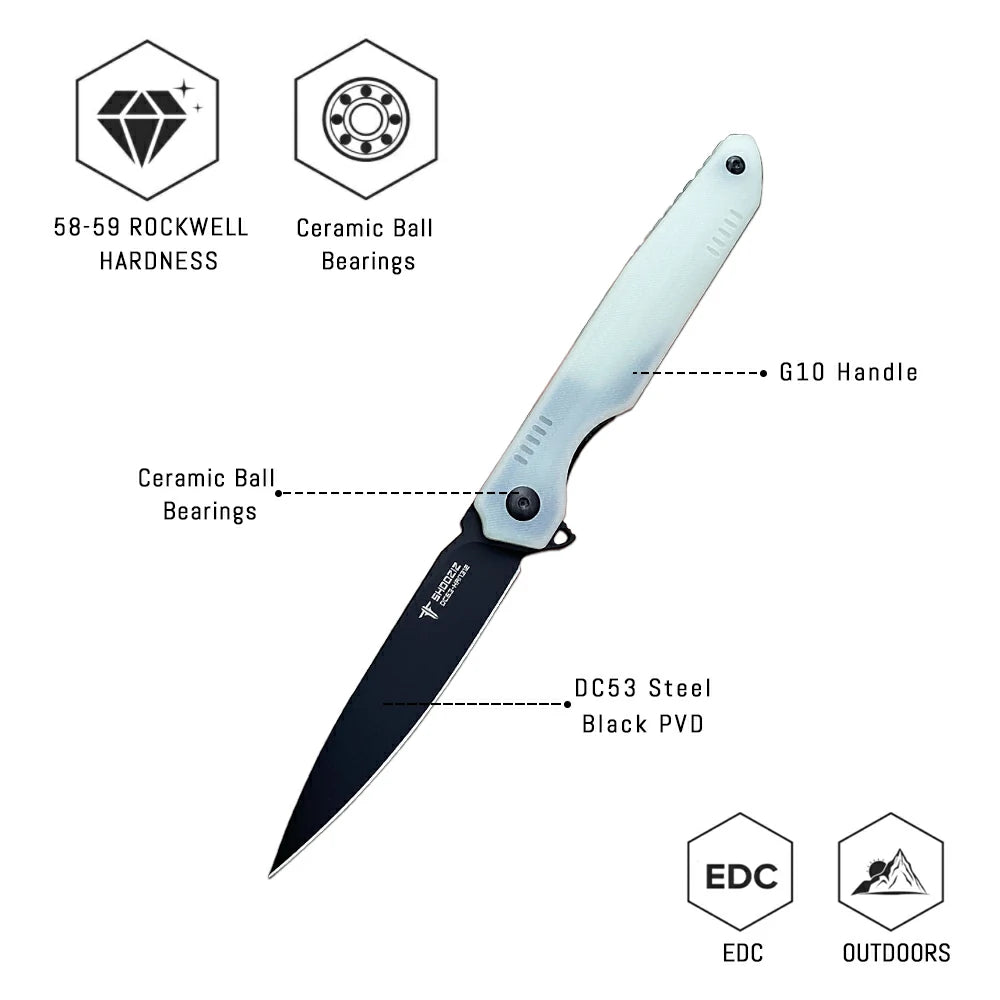 SHOOZIZ™ HAN312-JGB,Liner Lock,3.39"DC53 Steel Black PVD Blade,Jade G10 Handle