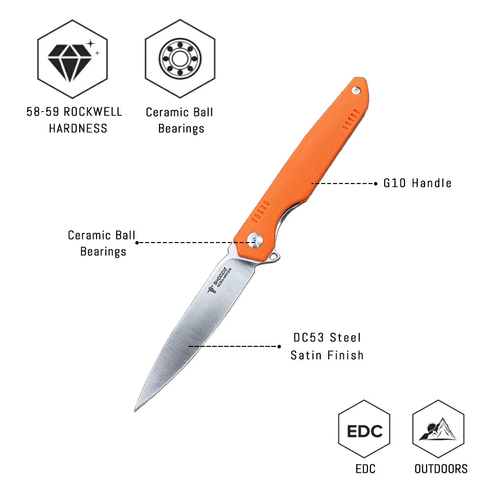 SHOOZIZ™ HAN312-OGS,Liner Lock,3.39"DC53 Steel Satin Blade,Orange G10 Handle