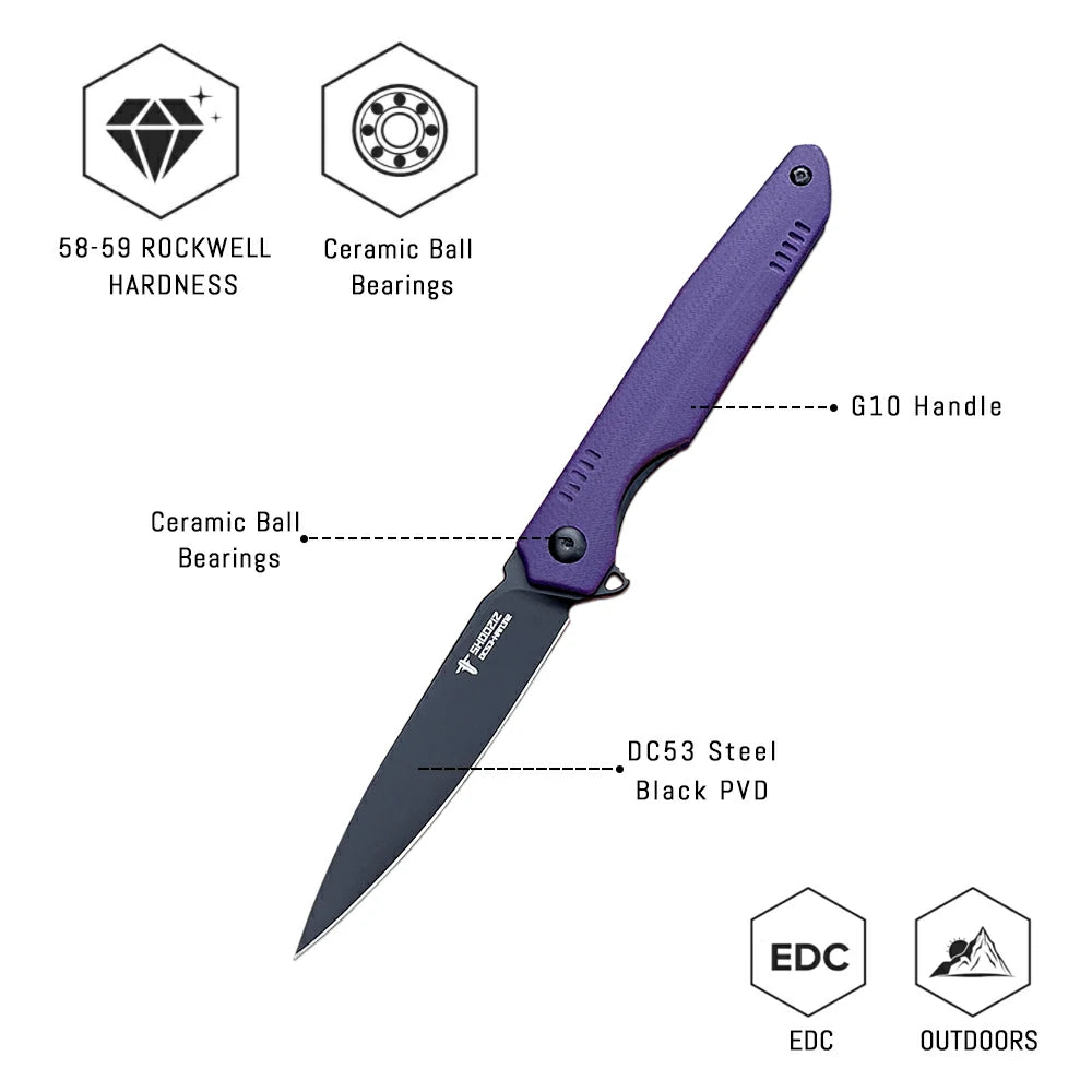 SHOOZIZ™ HAN312-PGB,Liner Lock,3.39"DC53 Steel Black PVD Blade,purple G10 Handle