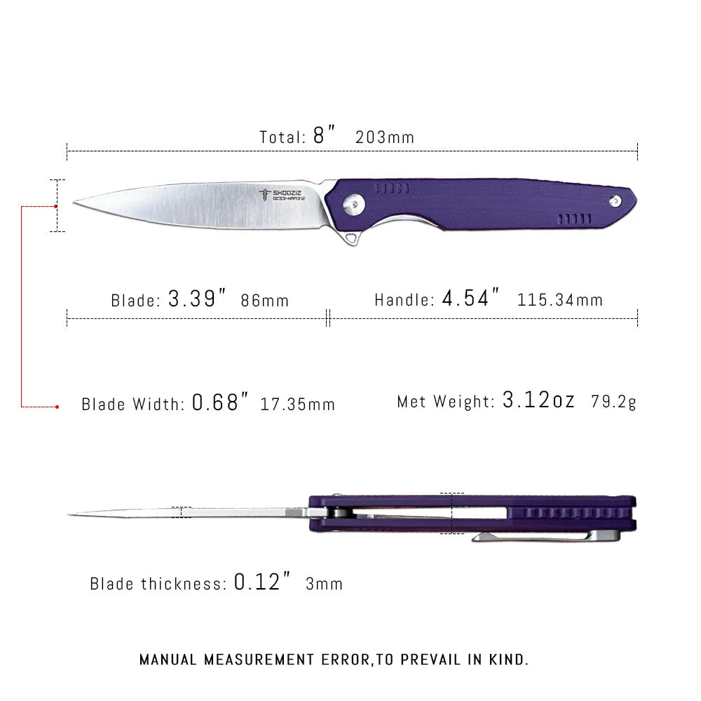 SHOOZIZ™ HAN312-PGS,Liner Lock,3.39"DC53 Steel Satin Blade,purple G10 Handle