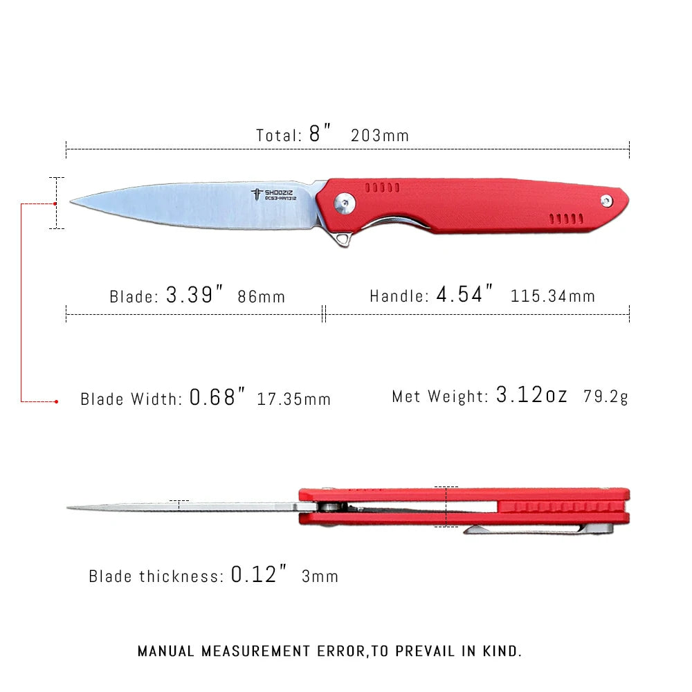 SHOOZIZ™ HAN312-RGS,Liner Lock,3.39"DC53 Steel Satin Blade,Red G10 Handle