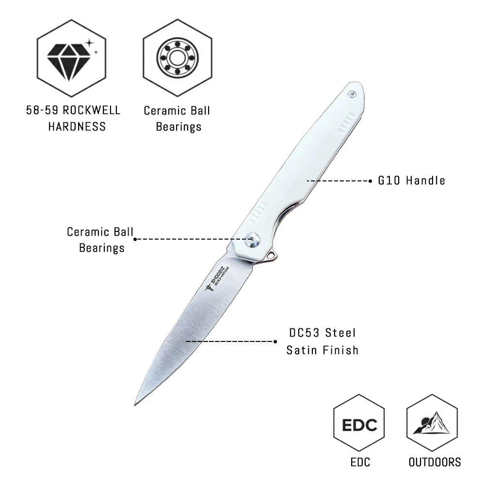 SHOOZIZ™ HAN312-WGS,Liner Lock,3.39"DC53 Steel Satin Blade,White G10 Handle