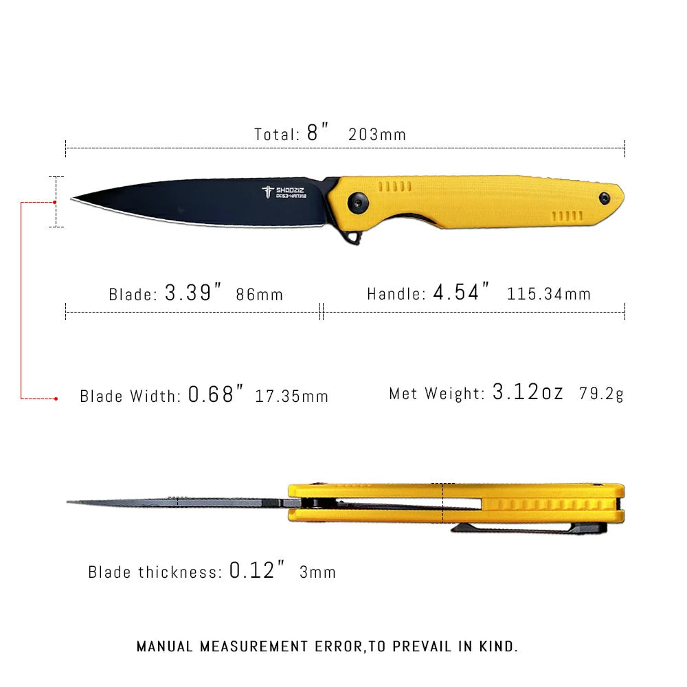 SHOOZIZ™ HAN312-YGB,Liner Lock,3.39"DC53 Steel Black PVD Blade,Yellow G10 Handle