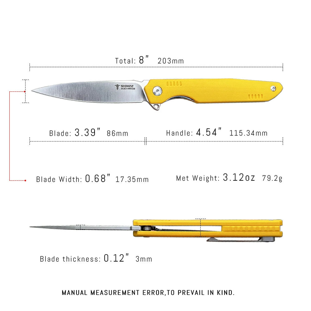 SHOOZIZ™ HAN312-YGS,Liner Lock,3.39"DC53 Steel Satin Blade,Yellow G10 Handle