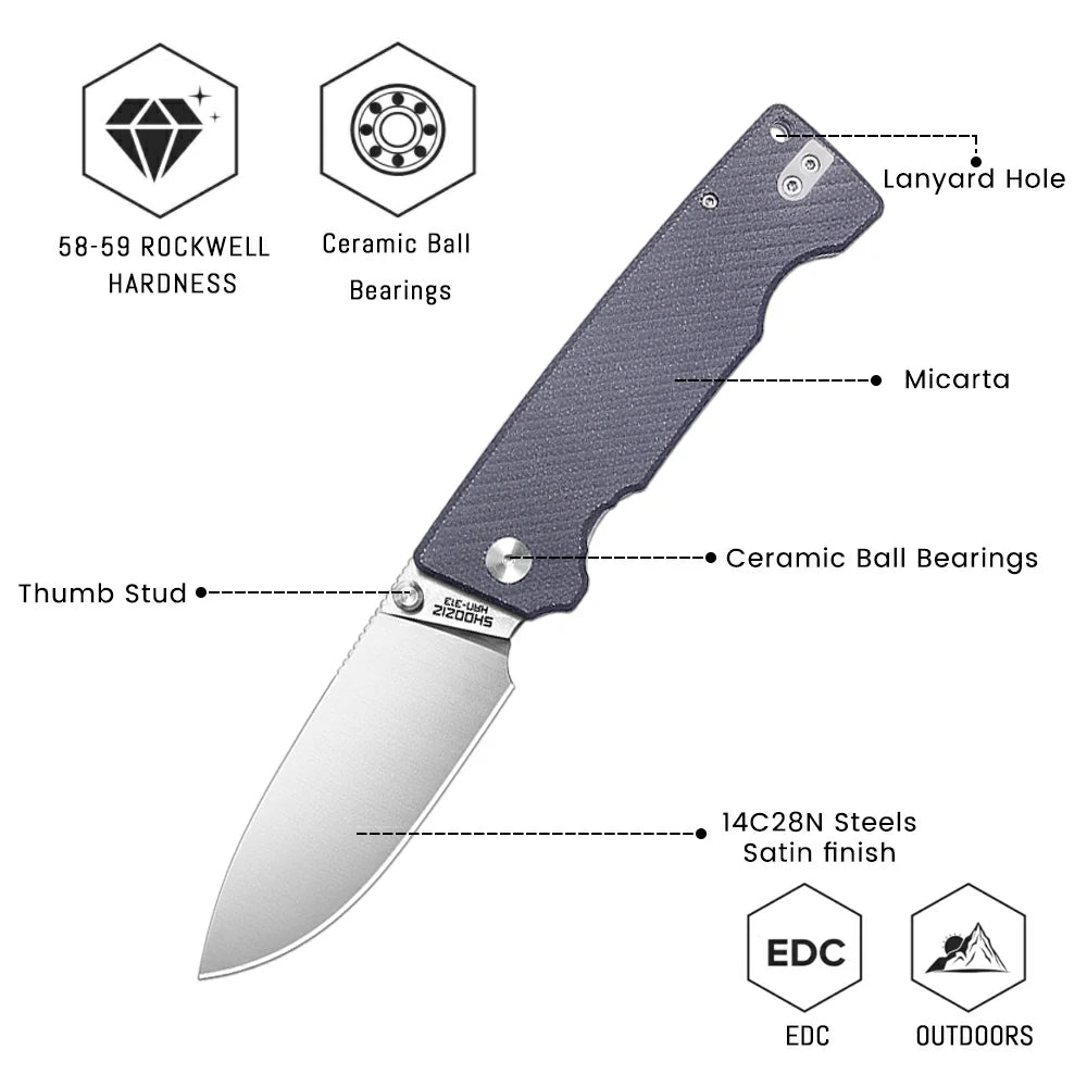 SHOOZIZ™ HAN313-BMS,Liner Lock,3.51"14C28N Steel Satin Blade,Black Micarta Handle