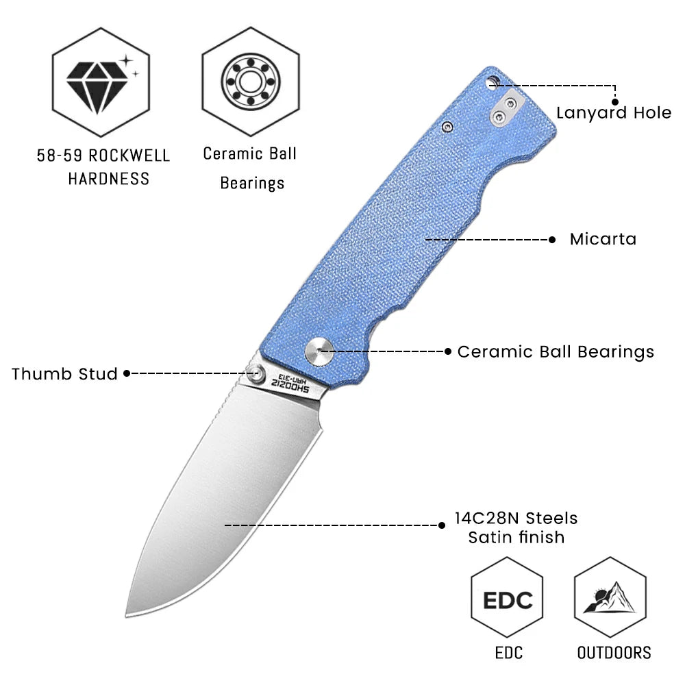 SHOOZIZ™ HAN313-LMS,Liner Lock,3.51"14C28N Steel Satin Blade,Black Micarta Handle