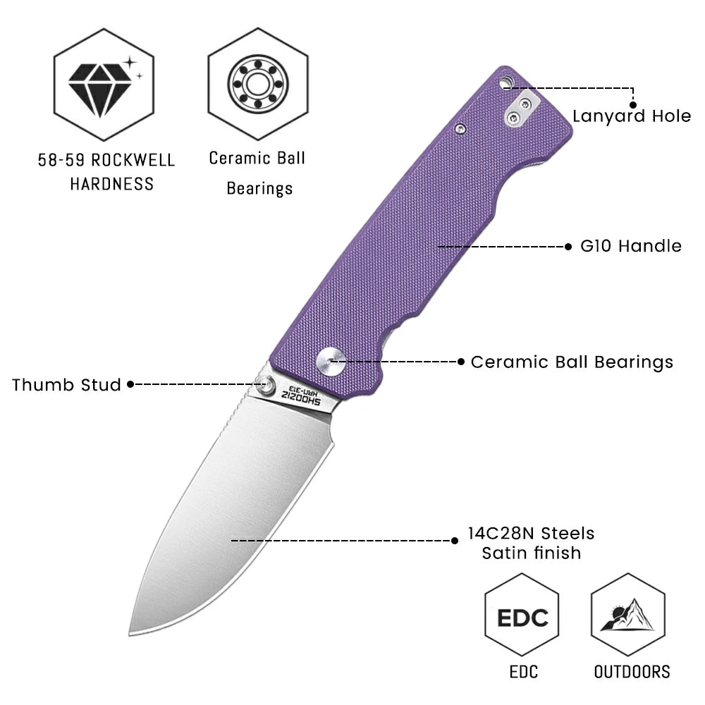 SHOOZIZ™ HAN313-PGS,Liner Lock,3.51"14C28N Steel Satin Blade,purple G10 Handle