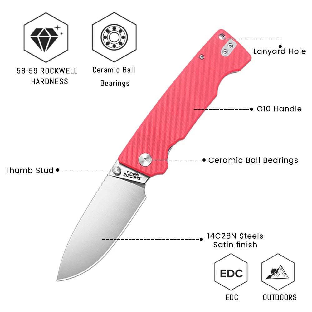 SHOOZIZ™ HAN313-RGS,Liner Lock,3.51"14C28N Steel Satin Blade,Red G10 Handle
